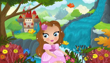 Şelalenin yanında şirin bir elf ve çocuklar için bir kale çizimi.