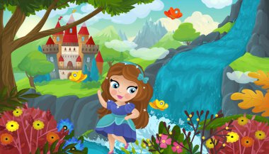 Şelalenin yanında şirin bir elf ve çocuklar için bir kale çizimi.