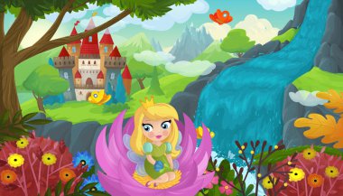 Şelalenin yanında şirin bir elf ve çocuklar için bir kale çizimi.