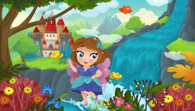 Şelalenin yanında şirin bir elf ve çocuklar için bir kale çizimi.