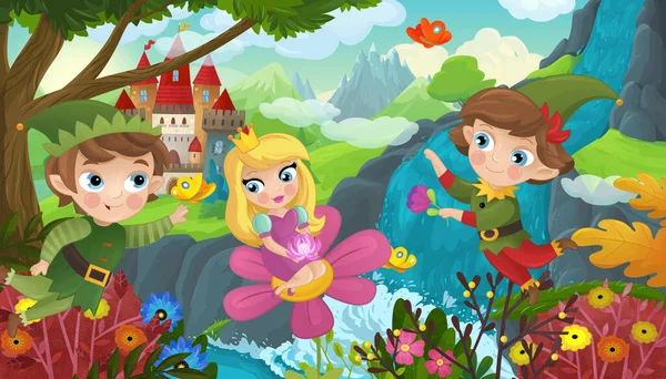 Cartoon Scene Nature Forest Cute Elf Waterfall Castle Illustration Children — Stockfoto