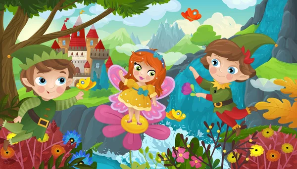 Cartoon Scene Nature Forest Cute Elf Waterfall Castle Illustration Children — ストック写真