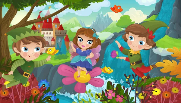 Cartoon Scene Met Natuur Bos Schattig Elf Buurt Van Waterval — Stockfoto