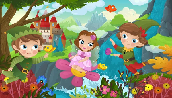 Cartoon Scene Nature Forest Cute Elf Waterfall Castle Illustration Children — Stock Photo, Image