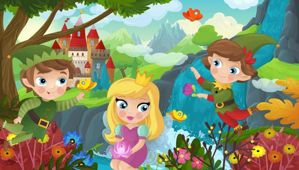 瀑布附近的卡通片和自然森林可爱的精灵 以及儿童城堡的图解 — 图库照片
