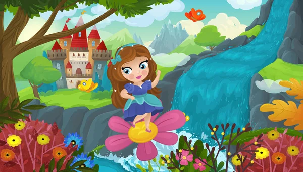 Cartoon Scene Nature Forest Cute Elf Waterfall Castle Illustration Children — Foto Stock