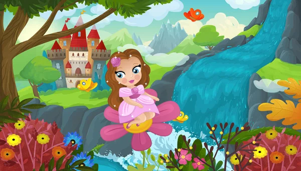 Cartoon Scene Nature Forest Cute Elf Waterfall Castle Illustration Children — Stockfoto