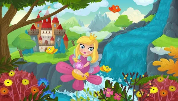 Cartoon Scene Nature Forest Cute Elf Waterfall Castle Illustration Children — Stockfoto