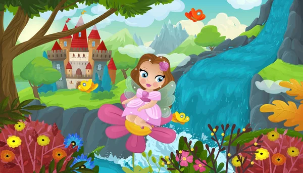 Cartoon Scene Nature Forest Cute Elf Waterfall Castle Illustration Children — Stock Fotó