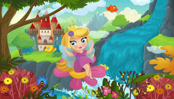 Cartoon Scene Nature Forest Cute Elf Waterfall Castle Illustration Children — ストック写真