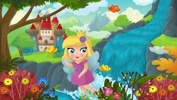 Cartoon Scene Nature Forest Cute Elf Waterfall Castle Illustration Children — 图库照片