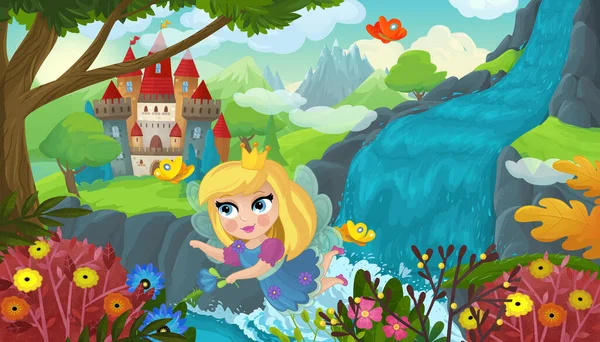 瀑布附近的卡通片和自然森林可爱的精灵 以及儿童城堡的图解 — 图库照片
