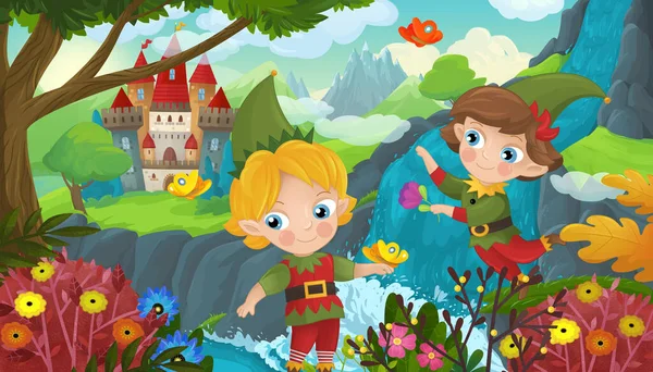 Cartoon Scene Nature Forest Cute Elf Waterfall Castle Illustration Children — 图库照片