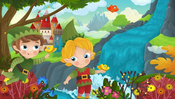 Cartoon Scene Nature Forest Cute Elf Waterfall Castle Illustration Children — Foto Stock