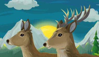 doğa ormanı ve çocuklar için hayvan geyiği illüstrasyonu olan çizgi film sahnesi