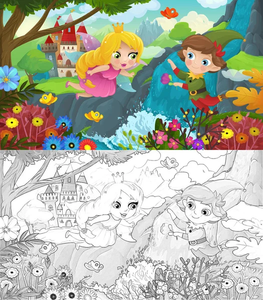 Escena Dibujos Animados Con Naturaleza Bosque Elfo Príncipe Princesa Castillo —  Fotos de Stock
