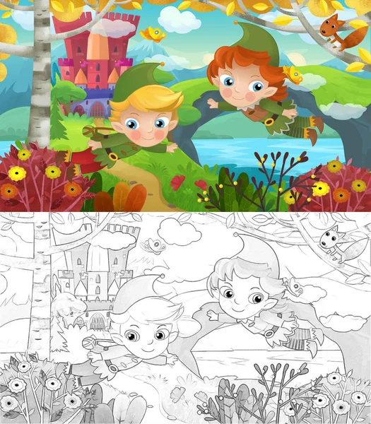 Kreskówka Scena Przyroda Leśny Elf Zamek Ilustracja Dla Dzieci — Zdjęcie stockowe