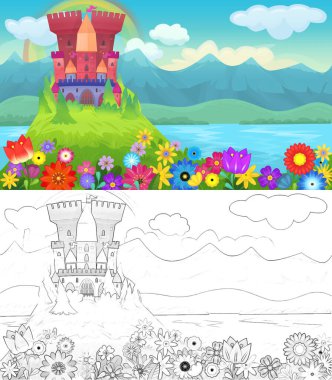 Çocuklar için doğa ormanı ve kale çizimleri olan karikatür sahnesi