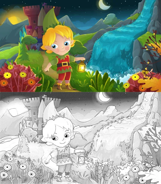 Cartoon Scene Nature Forest Elf Castle Illustration Children — Stock Photo, Image