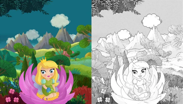 Cartoon Happy Fairy Tale Scene Nature Forest Funny Elf Illustration — Stock Photo, Image