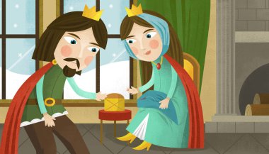 Çocuklar için kalede prens ve prensesle karikatür sahnesi