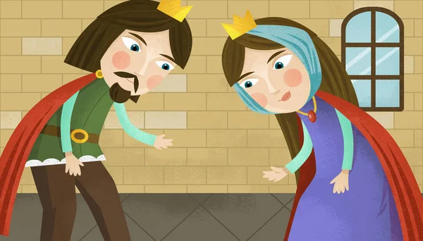 城堡里有女王和国王的卡通画 — 图库照片