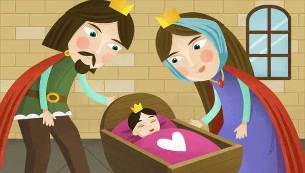 卡通片 女王和国王 儿子或女儿在城堡里为孩子们画的插图 — 图库照片
