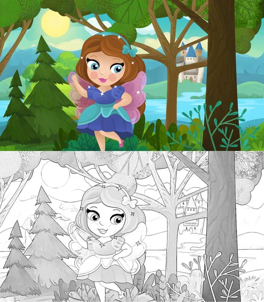 Escena Dibujos Animados Con Naturaleza Bosque Princesa Castillo Ilustración Para — Foto de Stock