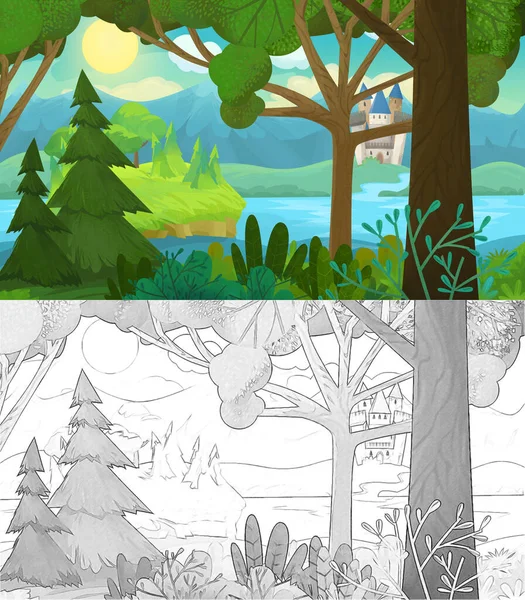 Cena Dos Desenhos Animados Com Natureza Floresta Princesa Castelo Ilustração — Fotografia de Stock