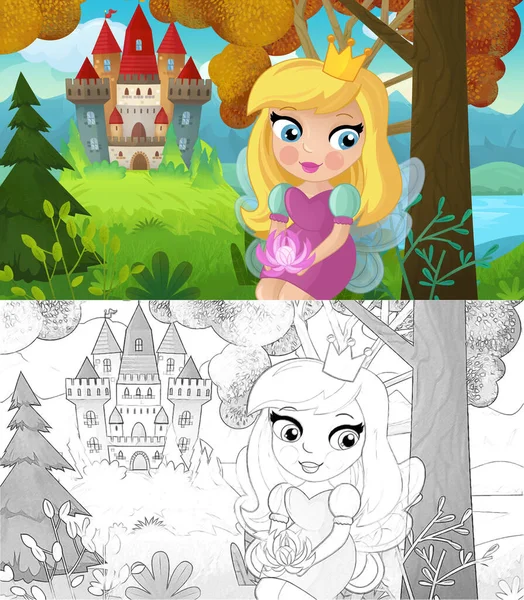 Scène Dessin Animé Avec Princesse Forêt Naturelle Illustration Château Pour — Photo