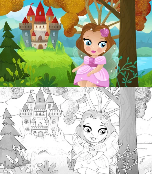 Escena Dibujos Animados Con Naturaleza Bosque Princesa Castillo Ilustración Para — Foto de Stock
