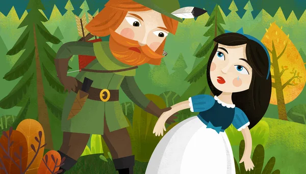 卡通片场景 与年长的农民或猎人在森林里与一位公主交谈 为孩子们解说 — 图库照片