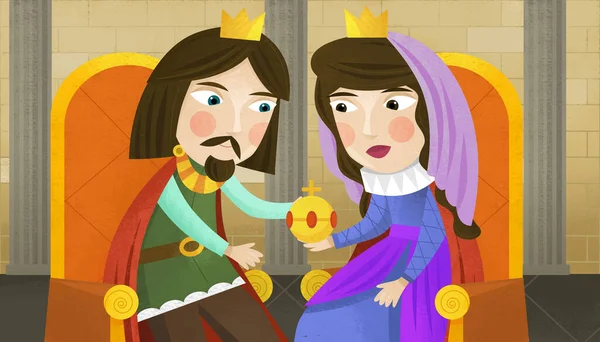 卡通片 女王和国王 儿子或女儿在城堡里为孩子们画的插图 — 图库照片