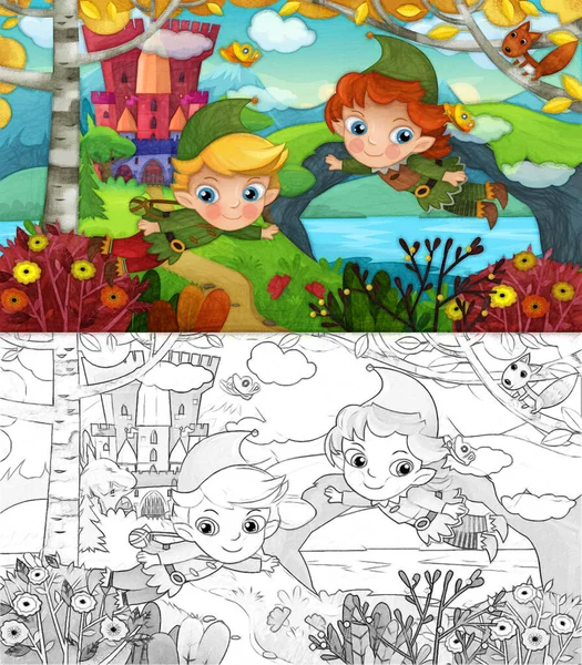 Cartoon Scene Nature Forest Elf Castle Illustration Children — 图库照片