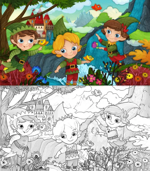 Escena Dibujos Animados Con Naturaleza Elfo Bosque Castillo Ilustración Para — Foto de Stock