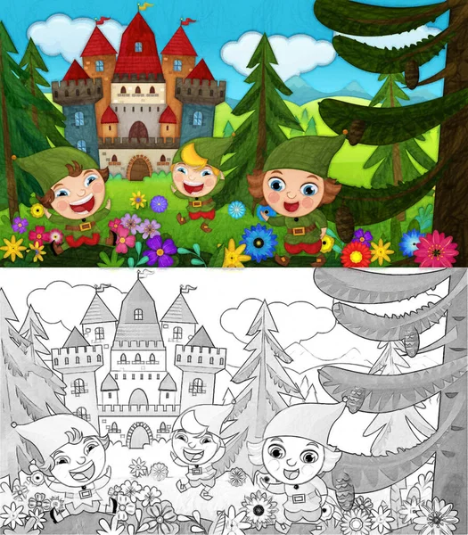 Escena Dibujos Animados Con Naturaleza Elfo Bosque Castillo Ilustración Para — Foto de Stock
