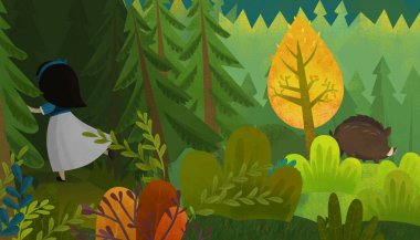 doğa ormanı ve hayvan kuşlarının çocuklar için çizdiği karikatür sahnesi