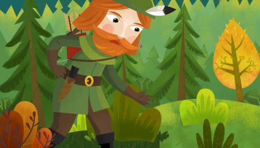 Çocuklar için orman illüstrasyonunda yaşlı bir çiftçinin ya da avcının olduğu çizgi film sahnesi