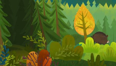 doğa ormanı ve hayvan kuşlarının çocuklar için çizdiği karikatür sahnesi