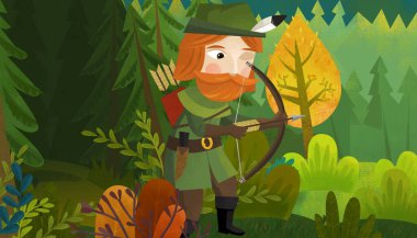 Çocuklar için orman illüstrasyonunda yaşlı bir çiftçinin ya da avcının olduğu çizgi film sahnesi