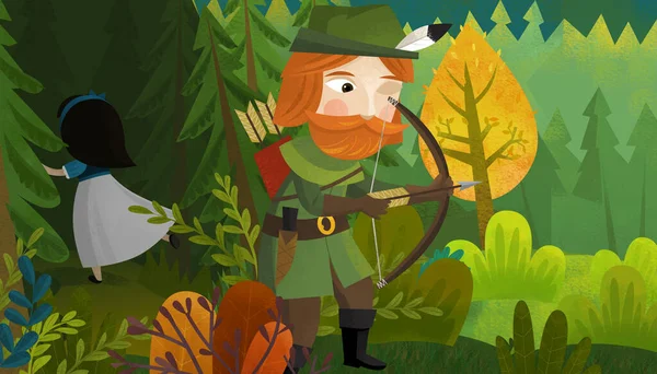 cartoon scene with older man farmer or hunter in the forest illustration for children