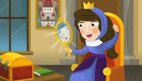 Çocuklar Için Kaledeki Resimde Kraliçe Prensesle Karikatür Sahnesi — Stok fotoğraf