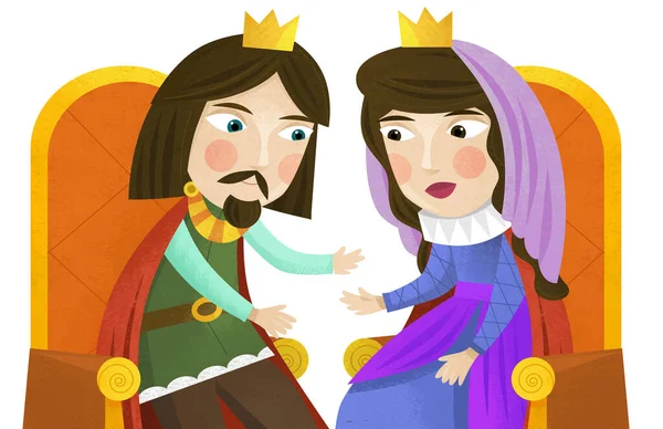 卡通片场景与国王或王子与王后或公主在白色背景的儿童插图 — 图库照片