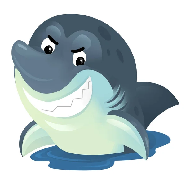 Escena Dibujos Animados Con Tiburón Sobre Fondo Blanco Ilustración Para —  Fotos de Stock