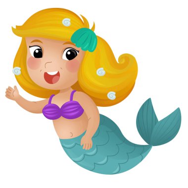 çocuklar için beyaz arkaplanlı mutlu deniz kızı resimli karikatür sahnesi