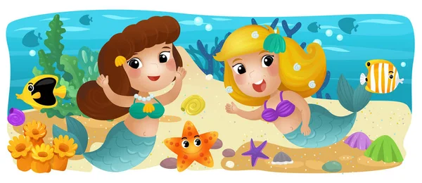 Cartoon Ocean Mermaid Underwater Kingdom Swimming Fishes Illustration Children — Stock Photo, Image