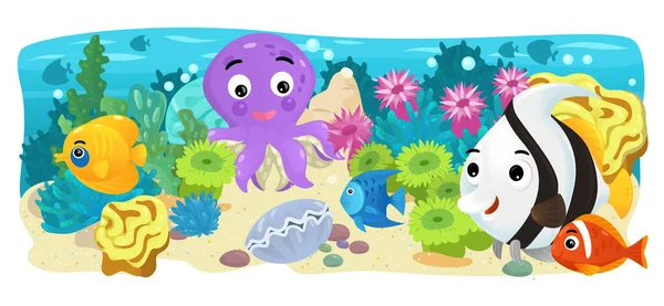 Cartoon Scene Coral Reef Fishes Illustration Children — стоковое фото