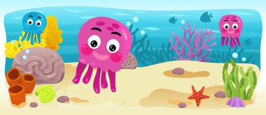 Çizgi film okyanus ve deniz kızı su altı Krallık çocuklar için çizim balıklarla - Yüzme