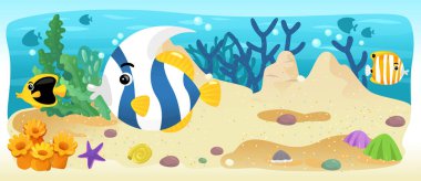 Çizgi film okyanus ve deniz kızı su altı Krallık çocuklar için çizim balıklarla - Yüzme