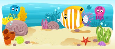 Çizgi film okyanus ve deniz kızı su altı Krallık çocuklar için çizim balıklarla - Yüzme